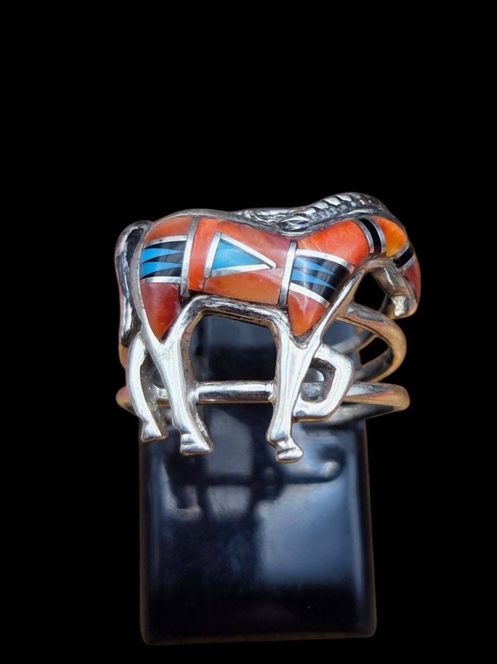 Inlay Horse Ring Sterling Silver Turquoise Spiny Oyster Size 5.5